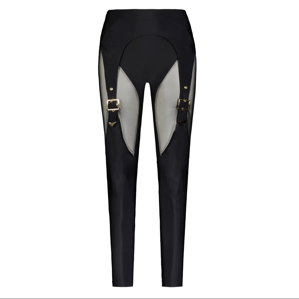 NWOT ADAM SELMAN SPORT BLACK + GOLD MESH BUCKLE LEGGING